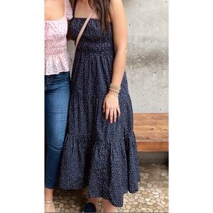 J. Crew Tiered Navy Polka Dot Midi Smocked Dress Convertible Straps Size XS